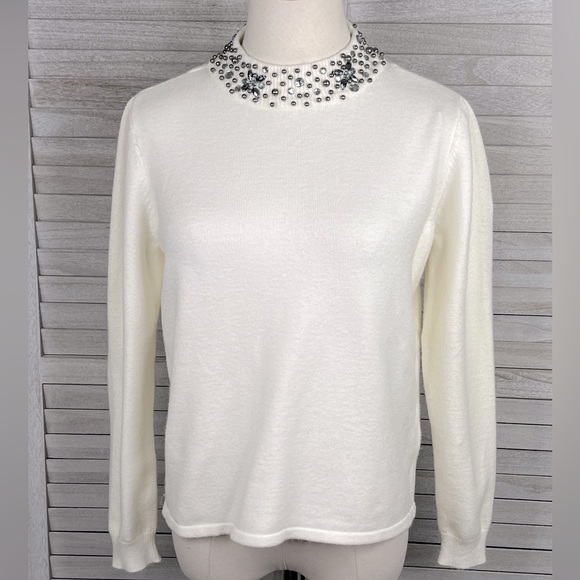 Mock Neck Sweater (no tags) w Embellished Gem Neckline Cream-Medium - Picture 1 of 4